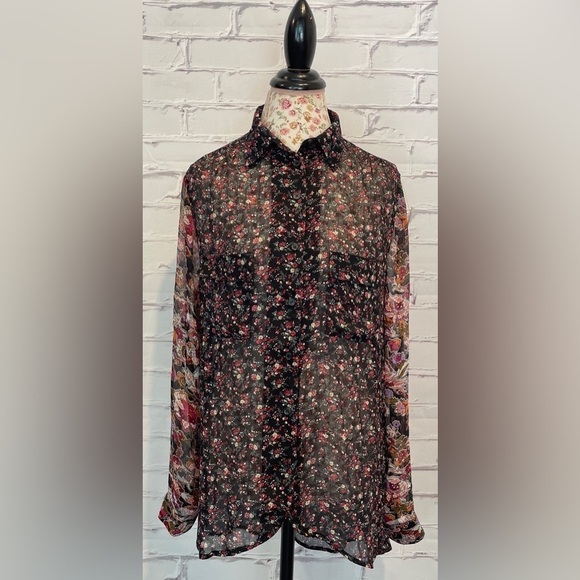 Band of Gypsies Floral Patchwork oversized bohemian Chiffon Blouse -Size Medium - Picture 1 of 6